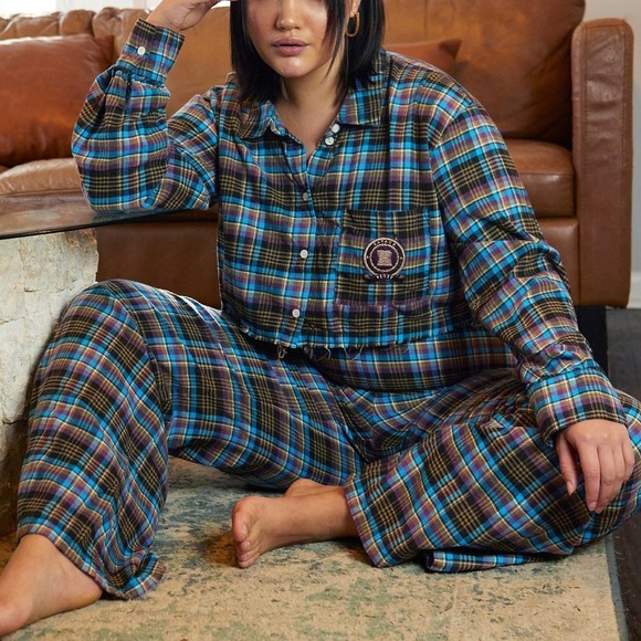 Savage x Fenty Tied Up Tartan Raw Hem Cropped Sleep Shirt in Blue Size S - Picture 6 of 8